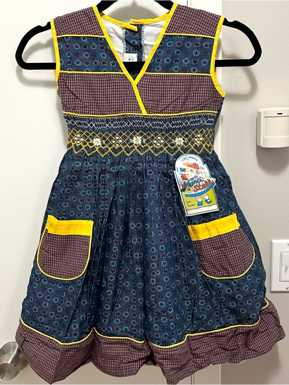 Vintage Narci Stell Smocked Waist Mixed Pattern Dress Girls 6 maroon blue yellow